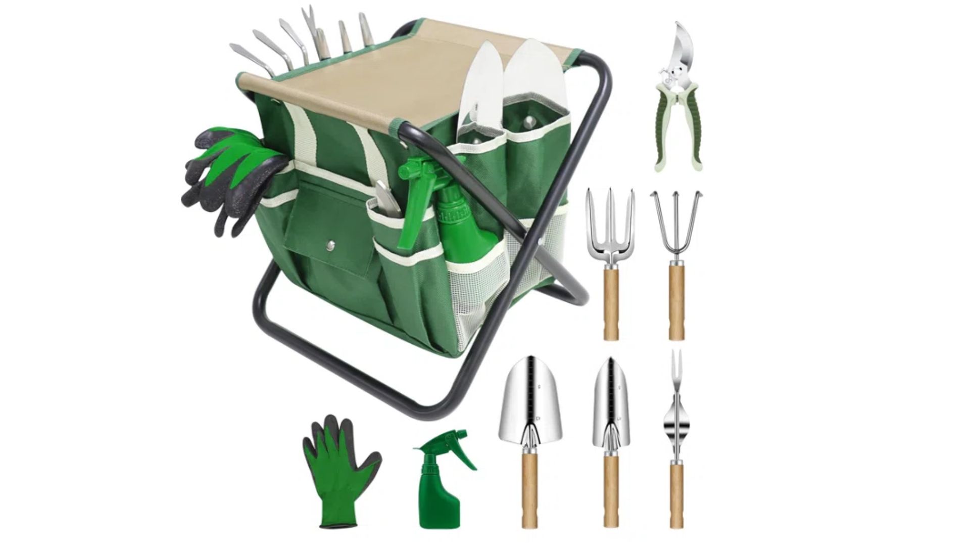 Garden stool with tool set from Wayfair, providing comfort and practicality for Grandma while gardening, with a full set of tools included