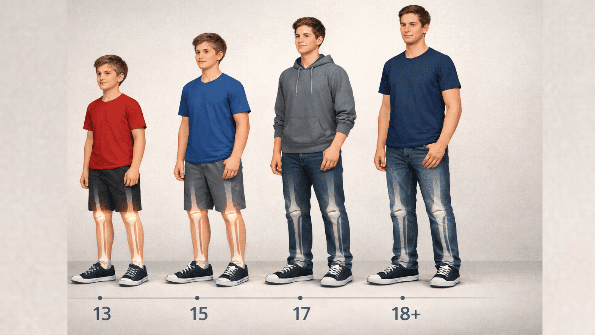 Growth stages of boys from ages 13 to 18 plus, showing increasing height and gradual closure of leg growth plates in a clean timeline.