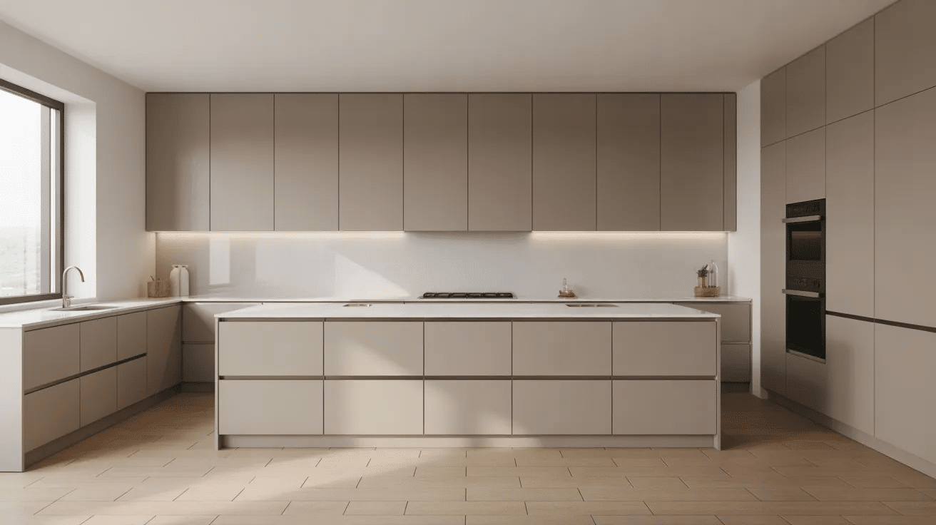 Handleless base and wall cabinets arranged for easy access and balanced kitchen layout