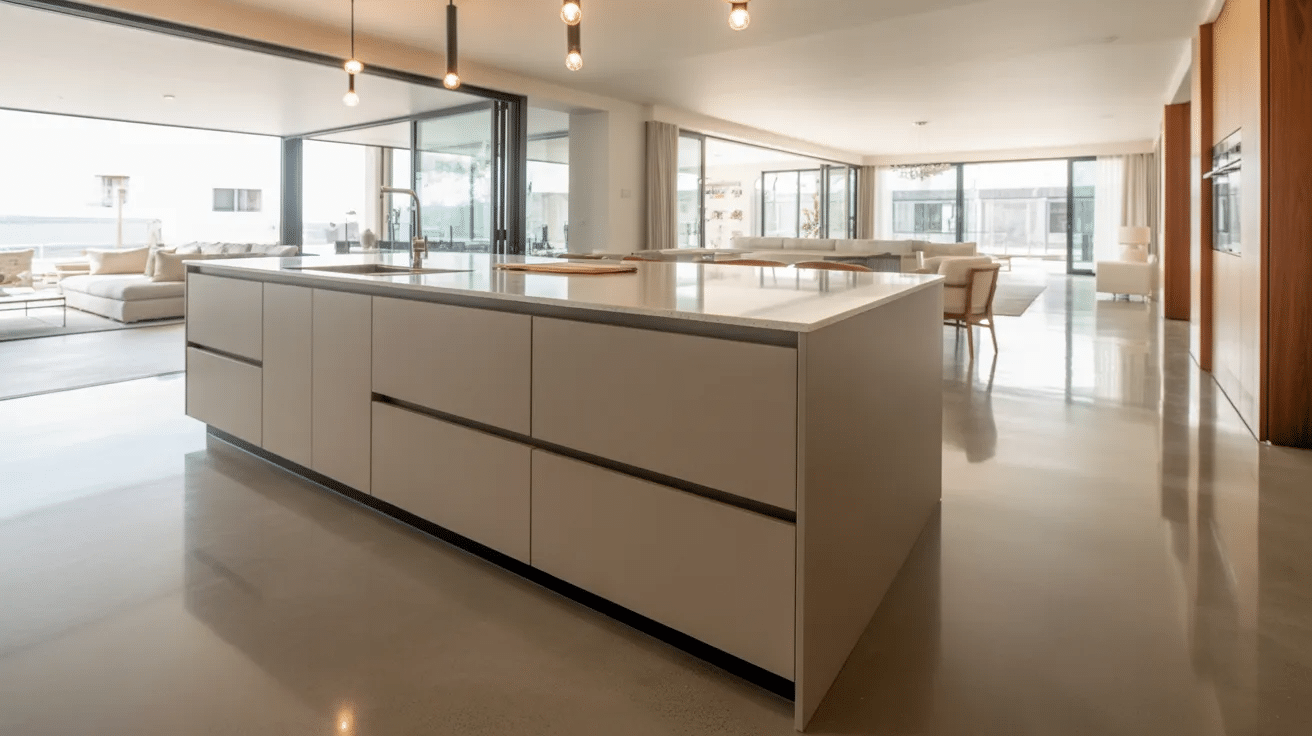 Handleless kitchen island with smooth surface creating a clean focal point in open layout