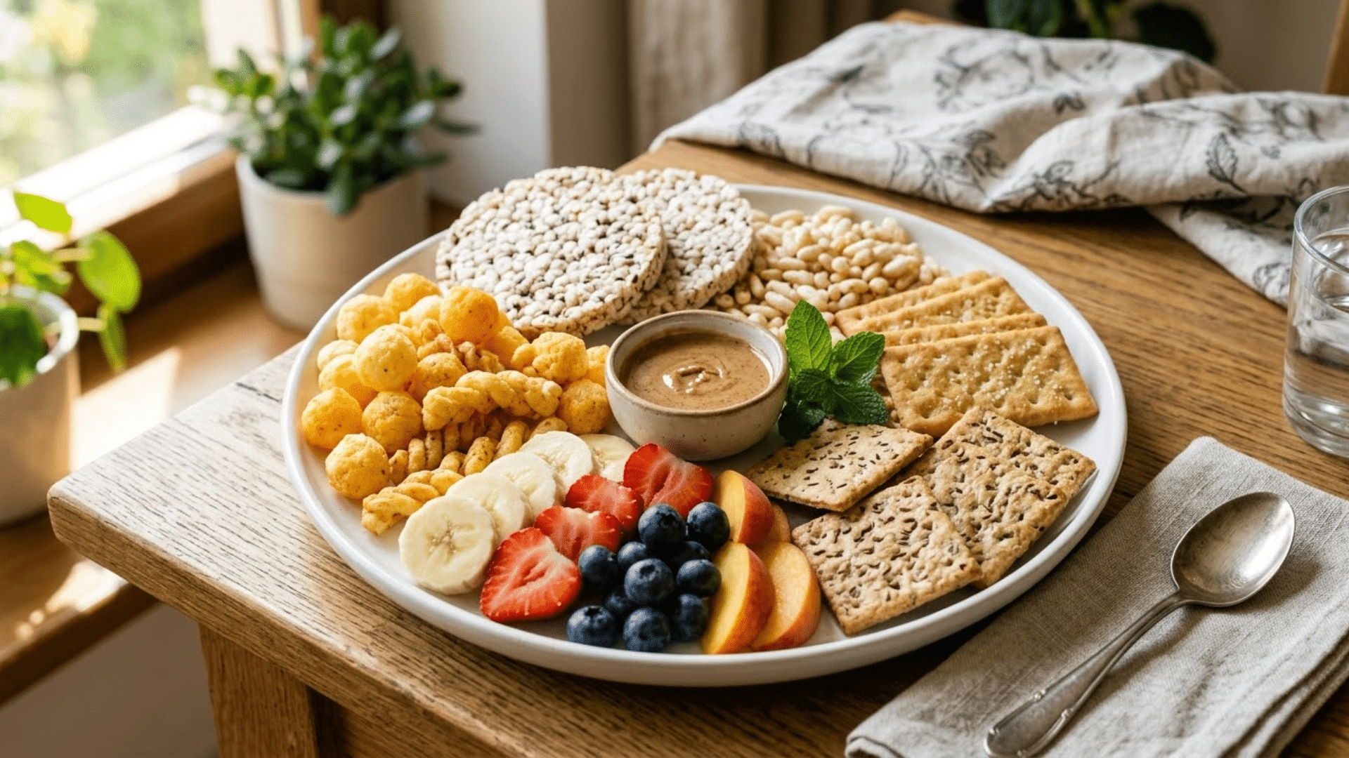 Healthy snack alternatives like puffed corn, rice cakes, and fruit that are safer than popcorn for kids