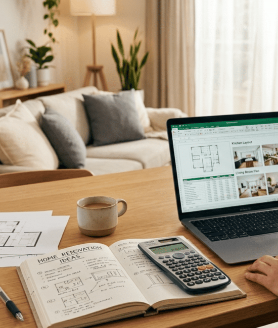 Homeowner planning renovation budget and upgrades at a clean desk