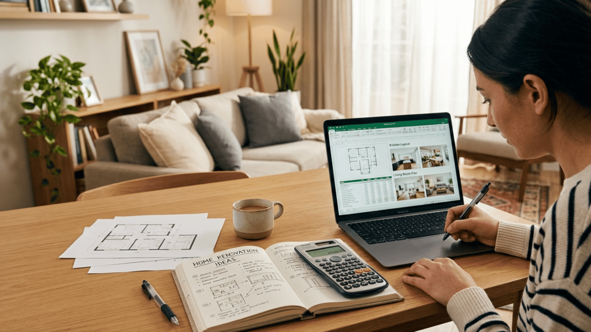 Homeowner planning renovation budget and upgrades at a clean desk