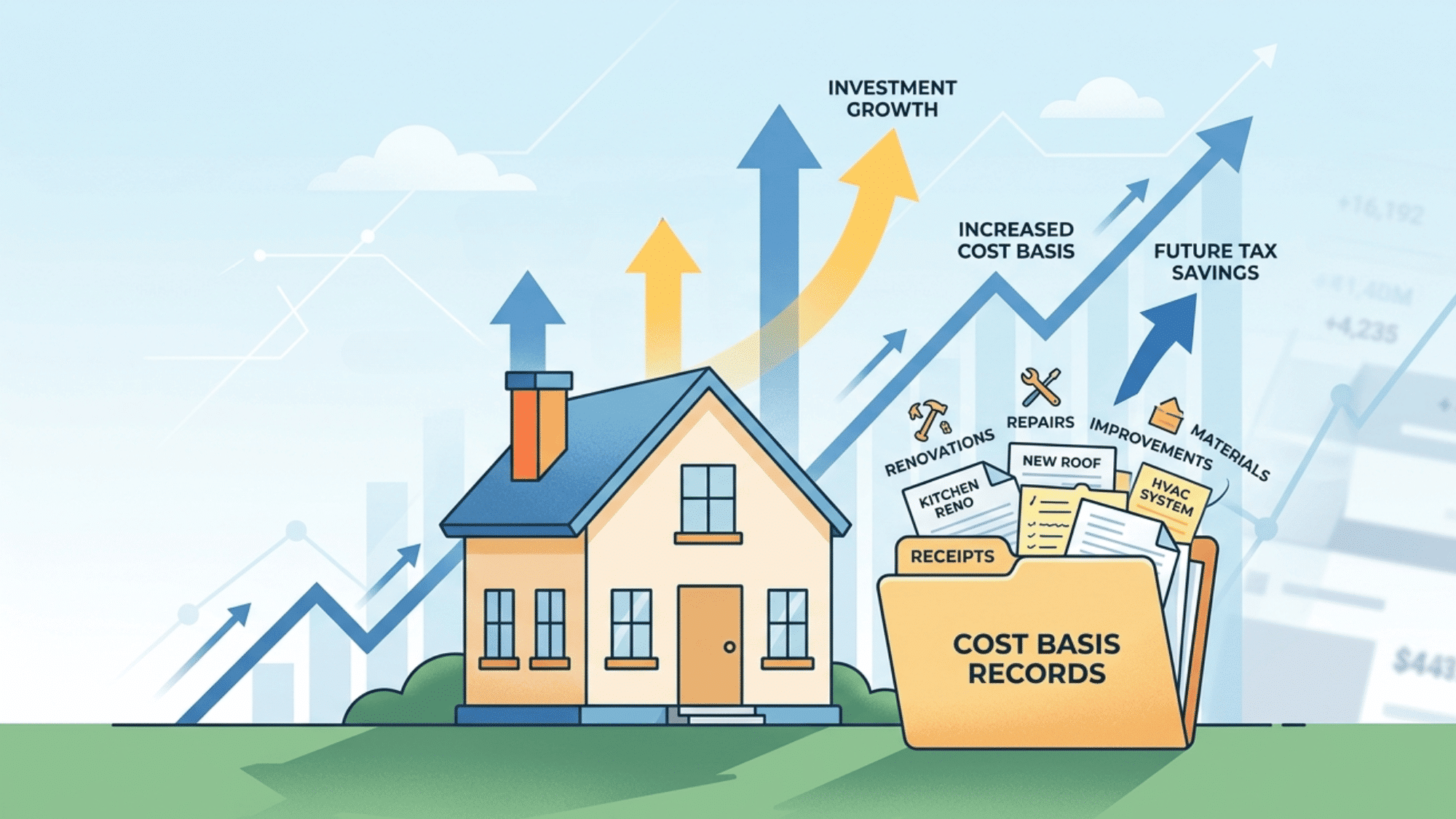 House value rising with saved receipts showing future tax savings concept