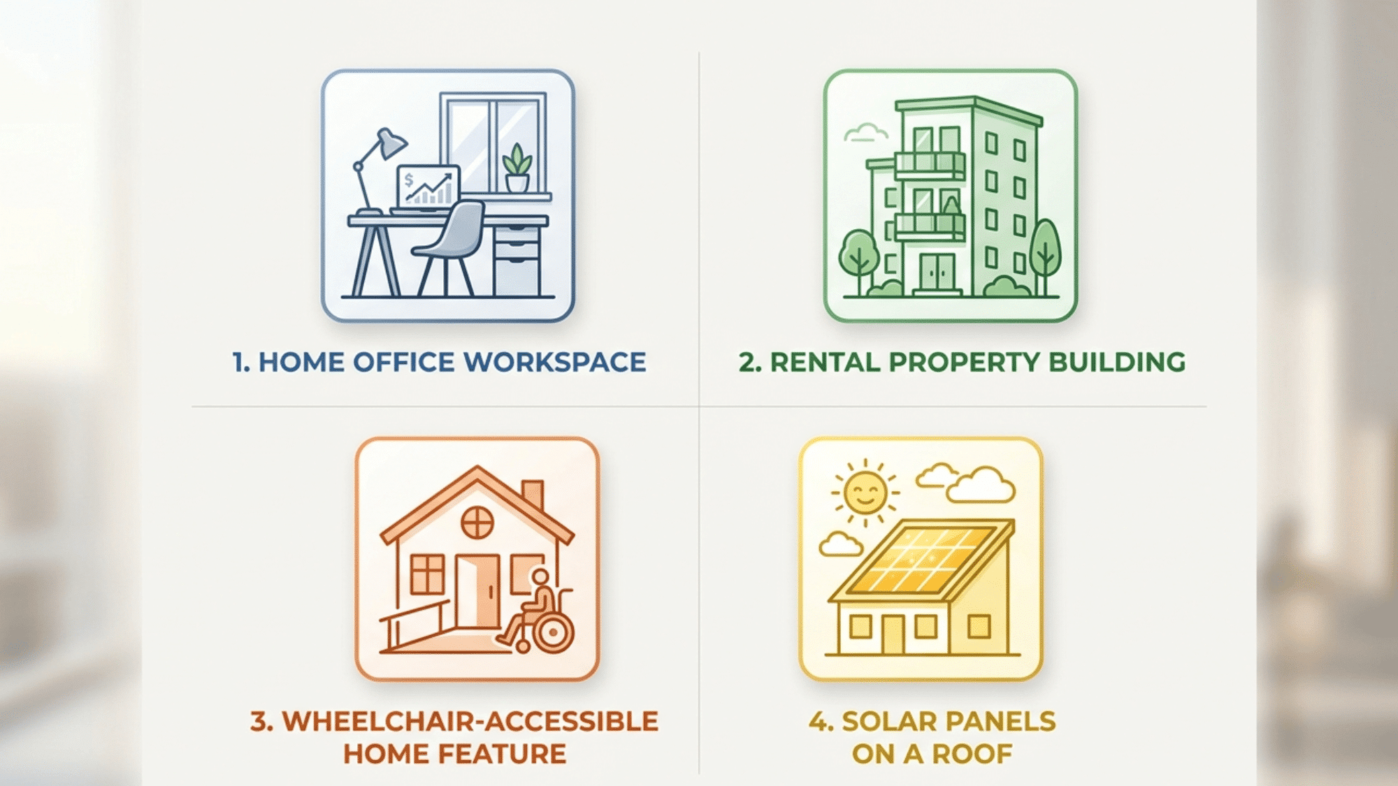 Icons showing home office, rental, medical, and energy tax benefits