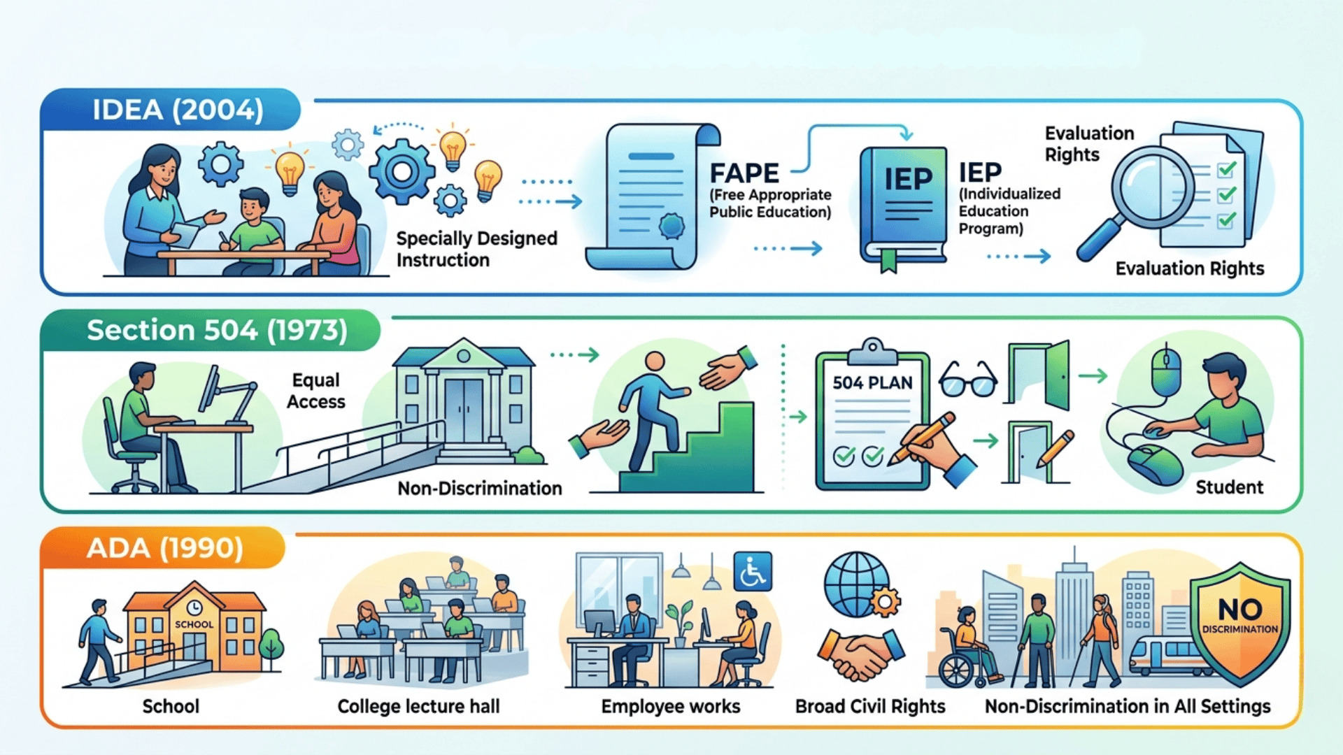 Infographic comparing IDEA, Section 504, and ADA, showing education rights, equal access, IEP plans, and non-discrimination across settings