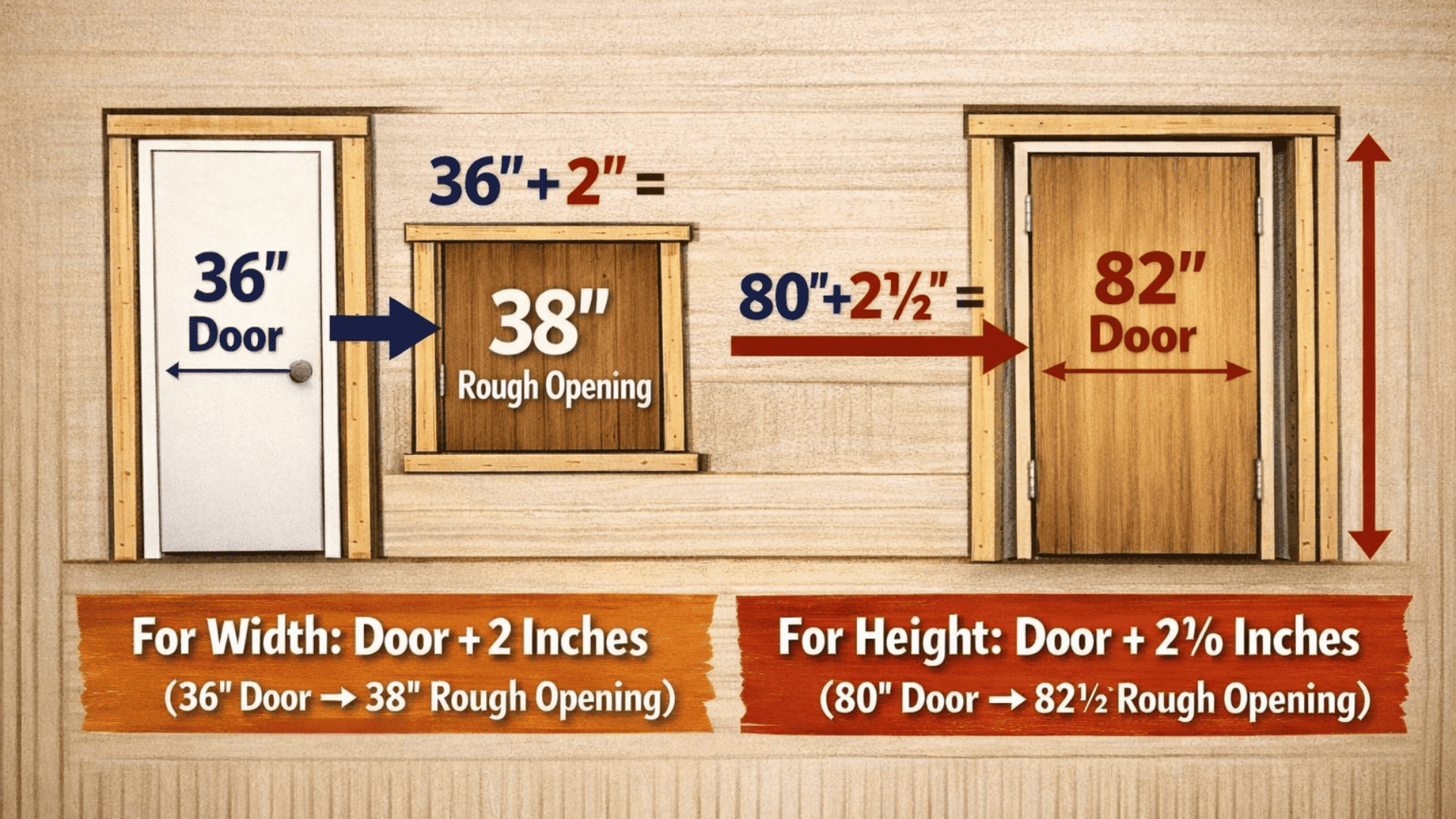 Infographic showing door rough opening calculations 36″ door equals 38″ width, 80″ door equals 82½″ height, with arrows and labels
