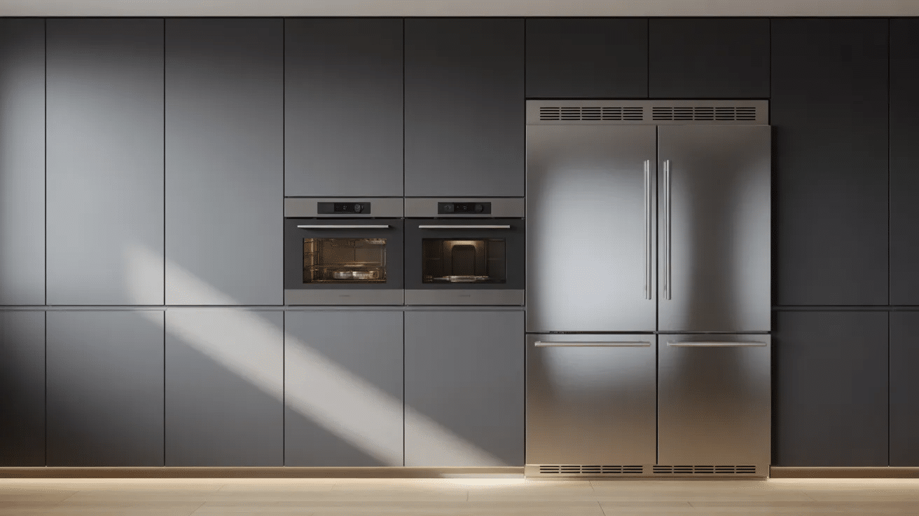 Integrated kitchen appliances aligned with handleless cabinets for a smooth and uniform look