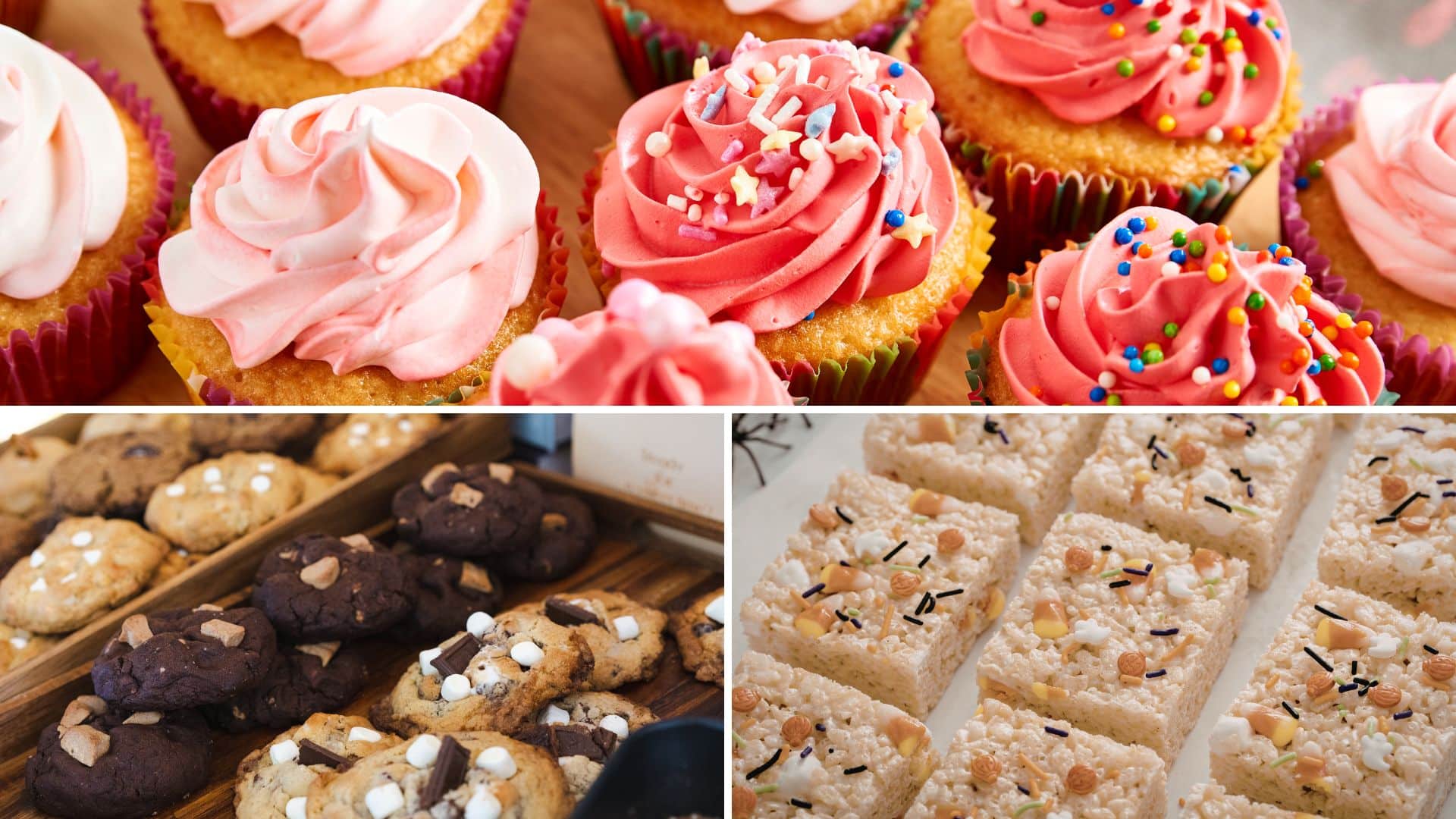 Kids birthday party food ideas budget with cupcakes, cookies, and rice krispie treats, offering sweet and affordable dessert options for parties
