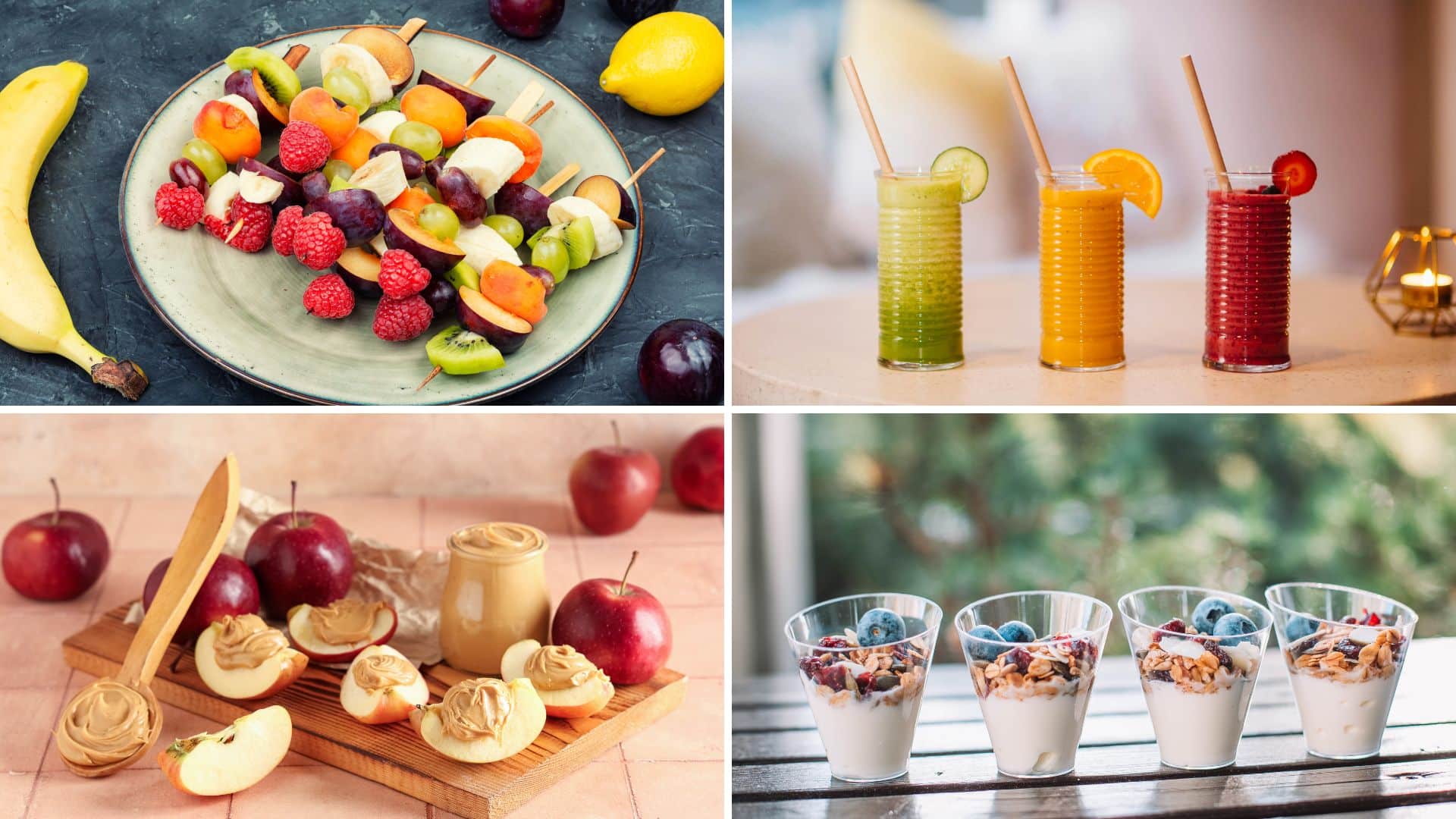 Kids birthday party food ideas budget with fruit skewers, smoothies, apple snacks, and yogurt cups for healthy and affordable party options