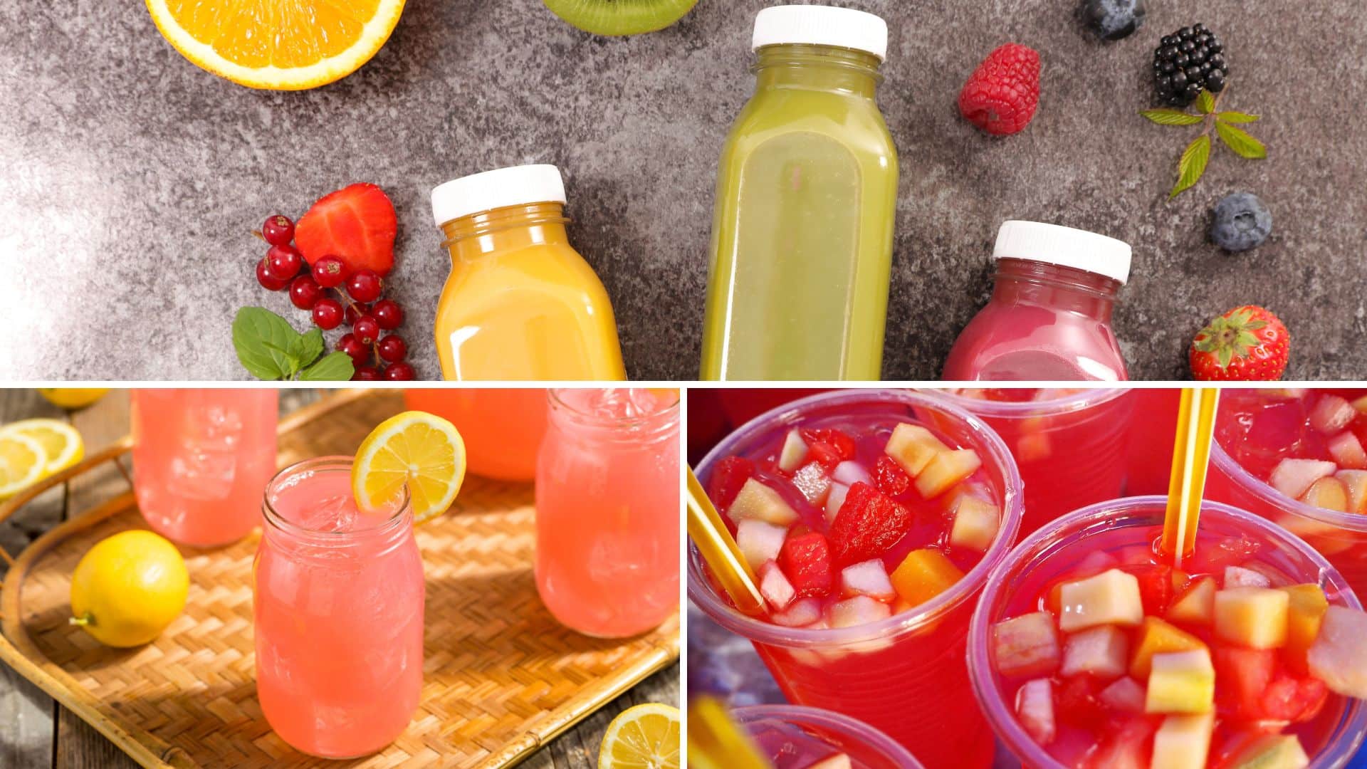 Kids birthday party food ideas budget with homemade juices, lemonade, and fruit punch drinks, offering colorful and affordable party beverages