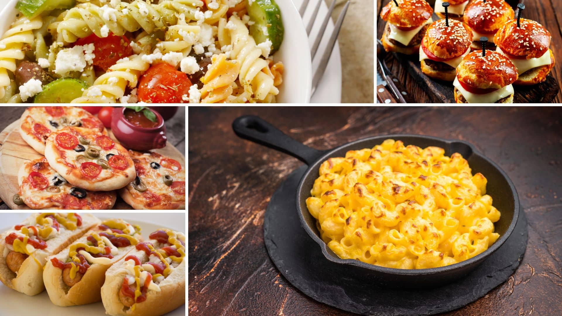 Kids birthday party food ideas budget with mac and cheese, mini burgers, pizza, pasta, and hot dogs for easy and affordable party meals