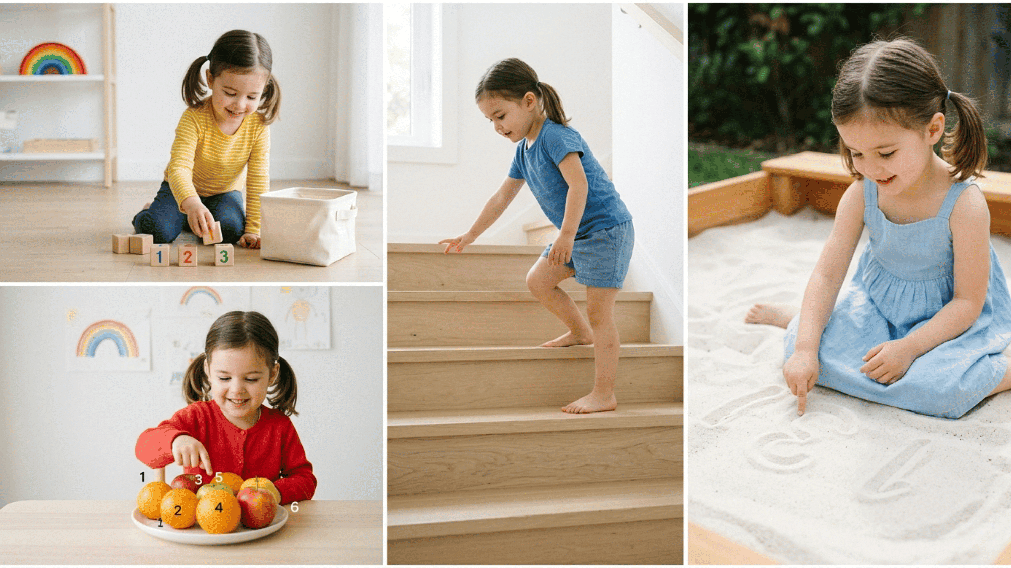 Kids counting toys, steps, fruits, and tracing numbers in simple home activities