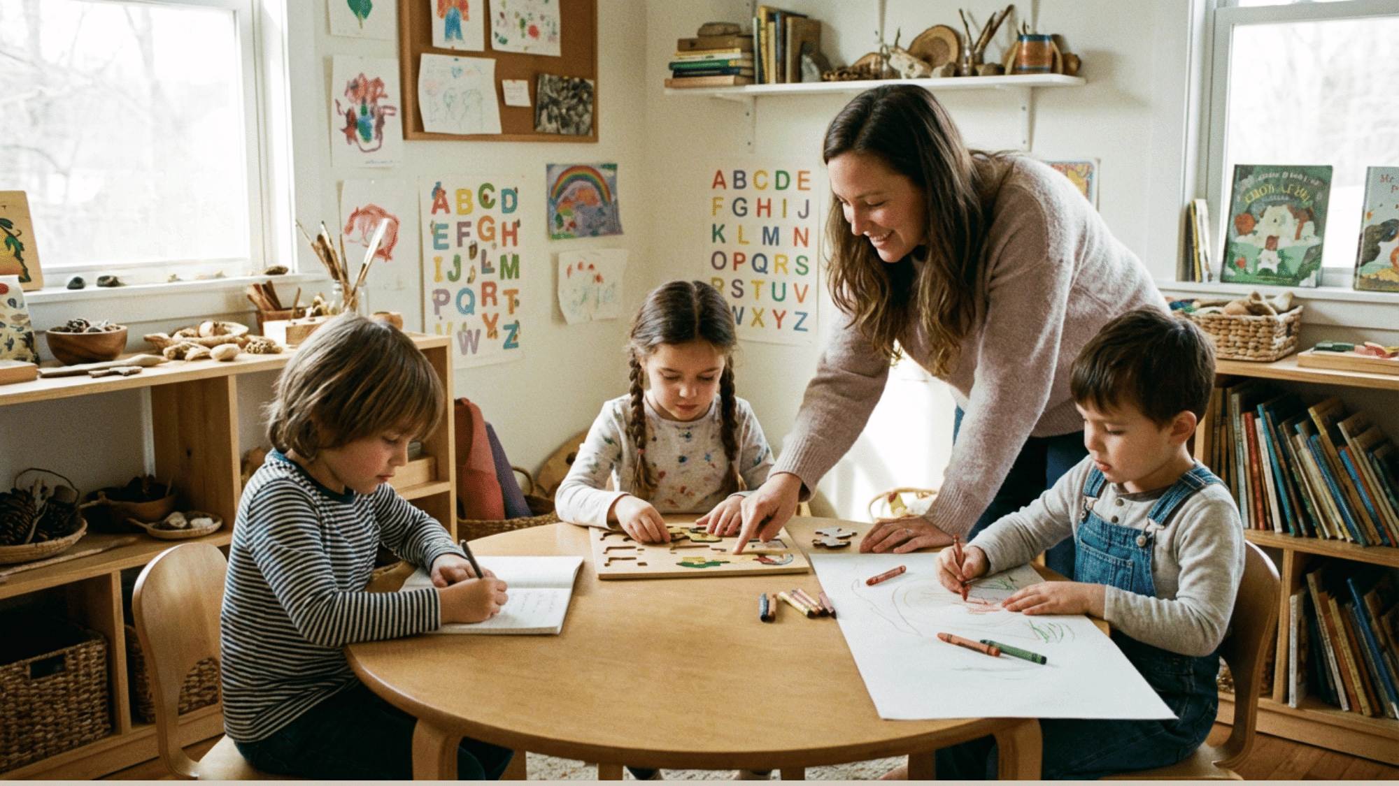 Kids doing puzzles, journaling, and drawing during growth mindset activities.