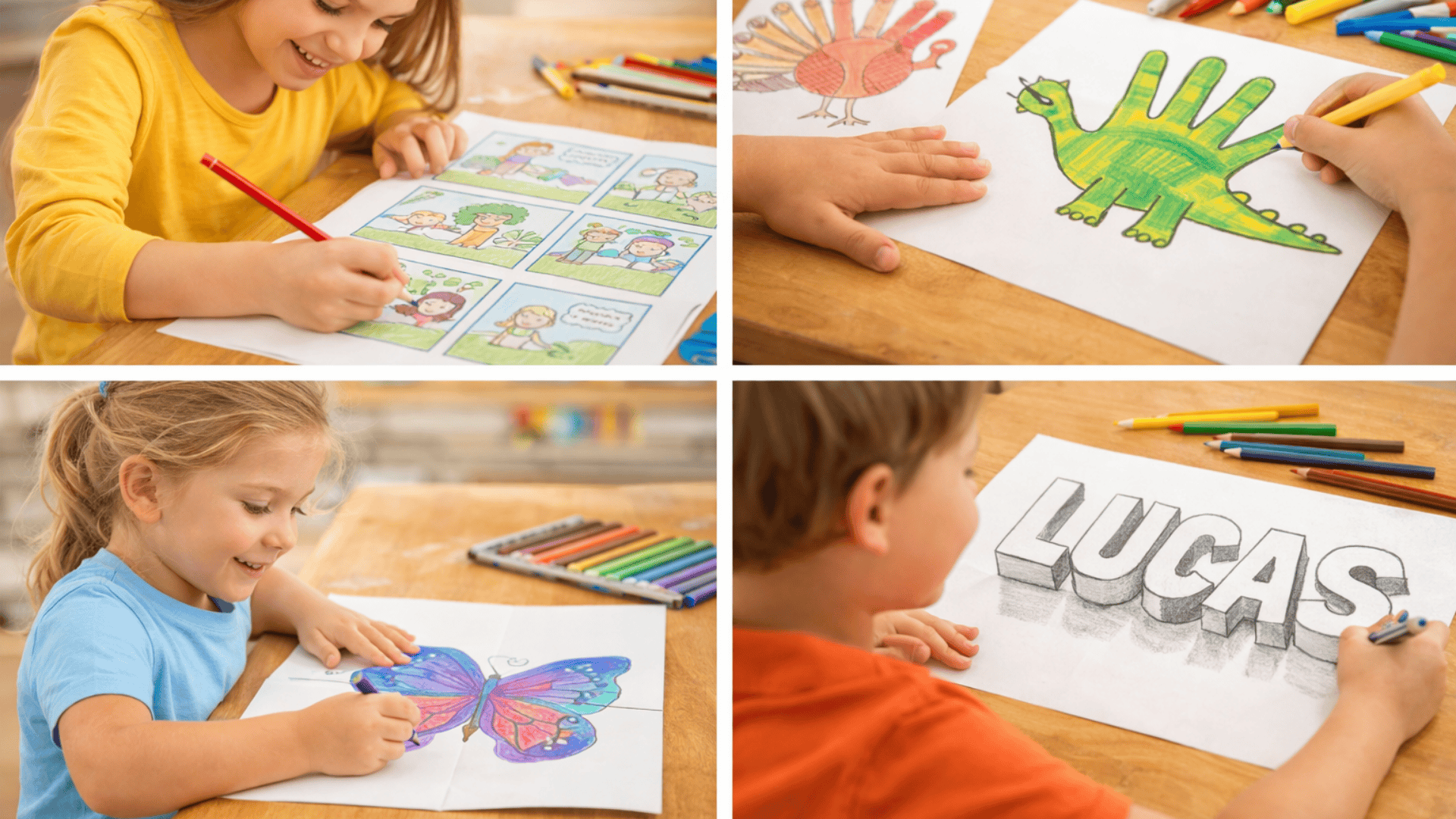Kids drawing comics, tracing hands into animals, creating symmetrical art, and sketching bold 3D name letters with pencils