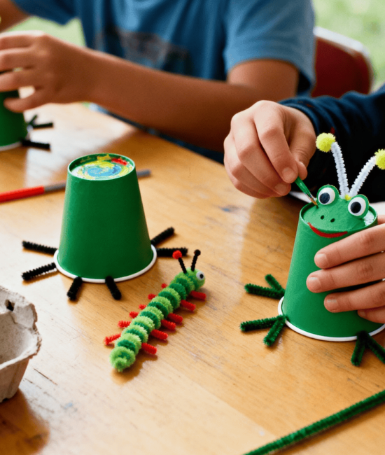 Kids making bug crafts with green paper cups, pipe cleaners, and googly eyes at a table with paint, scissors, and egg cartons