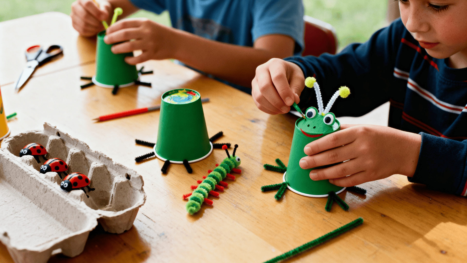 Kids making bug crafts with green paper cups, pipe cleaners, and googly eyes at a table with paint, scissors, and egg cartons