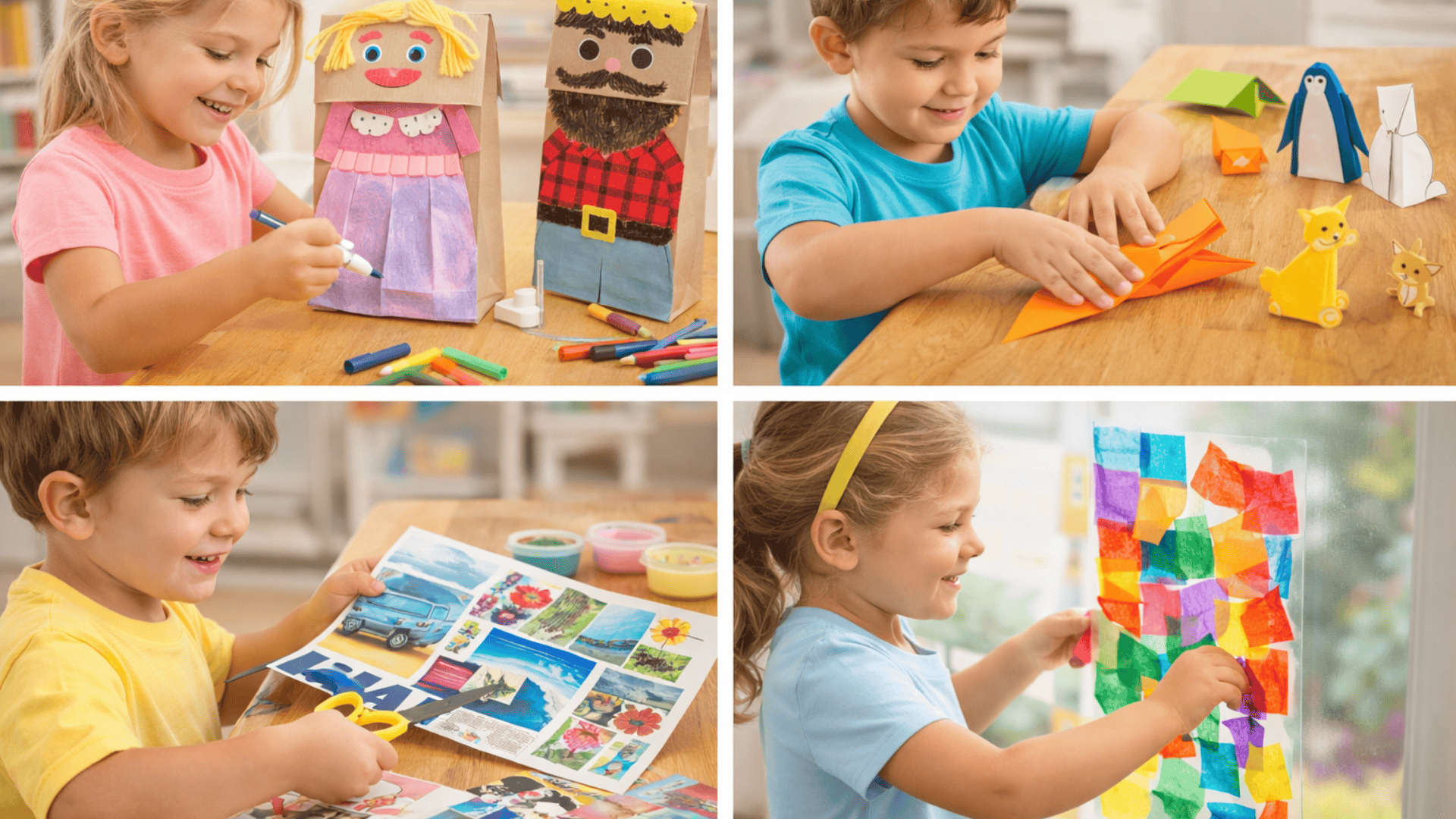 Kids making paper bag puppets, folding origami animals, cutting collage pieces, and creating colorful tissue paper window art