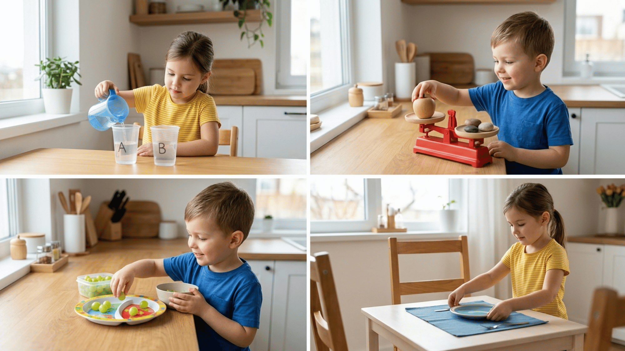 Kids measuring, adding snacks, comparing weight, and setting table in daily math tasks