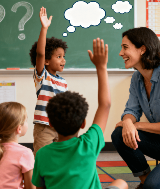 Kids raise hands eagerly as teacher smiles in colorful classroom, question marks on board, encouraging curiosity and active participation