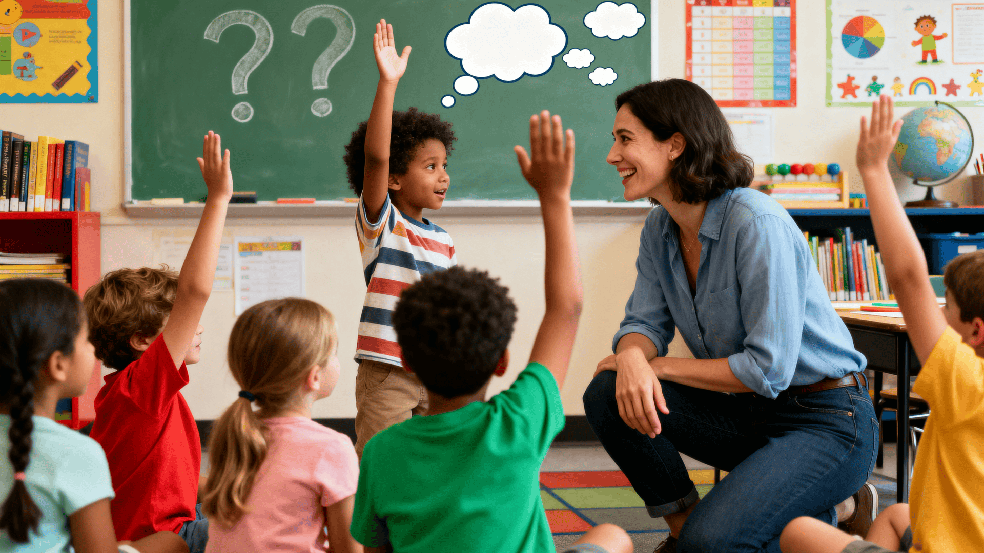 Kids raise hands eagerly as teacher smiles in colorful classroom, question marks on board, encouraging curiosity and active participation