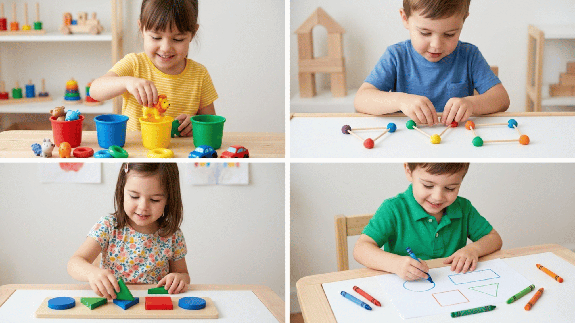 Kids sorting toys, building shapes, and making patterns with simple learning activities
