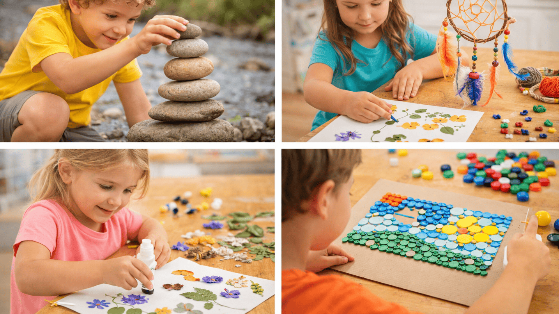 _Kids stacking rocks, weaving yarn crafts, arranging pressed flowers, and making colorful bottle cap mosaic art outdoors and indoors
