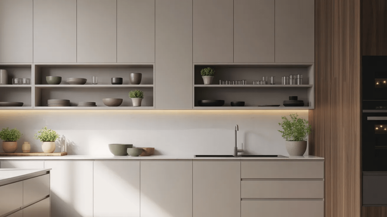 Kitchen design mixing handleless cabinets with open shelves for better function and style