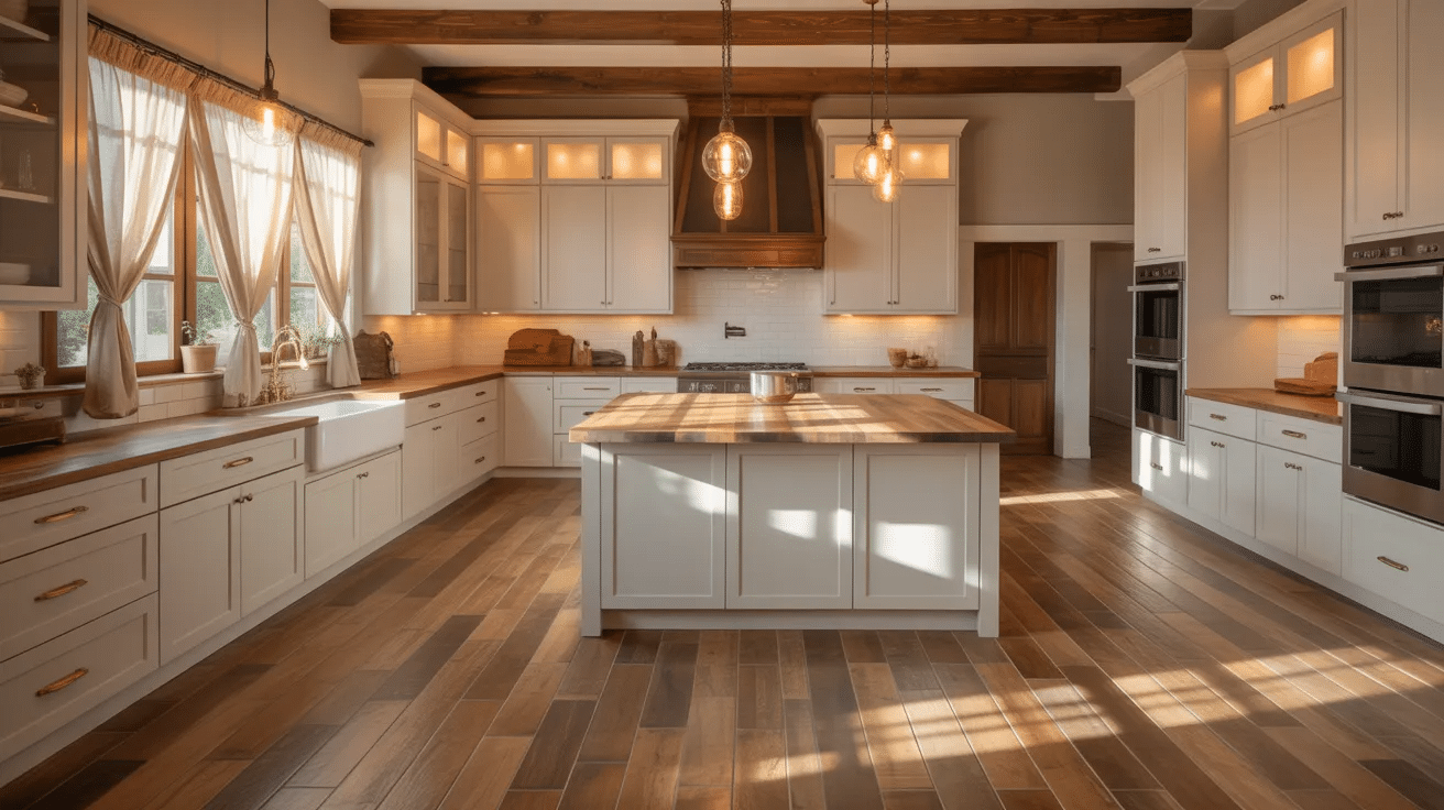 Kitchen featuring wood-look porcelain tile flooring that mimics natural wood with added durability