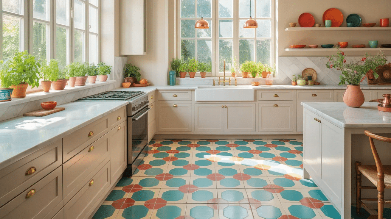 Kitchen floor with encaustic patterned tiles, adding bold design and decorative visual interest