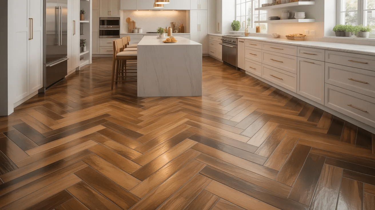 Kitchen floor with herringbone tile layout, showing a stylish and detailed patterned design