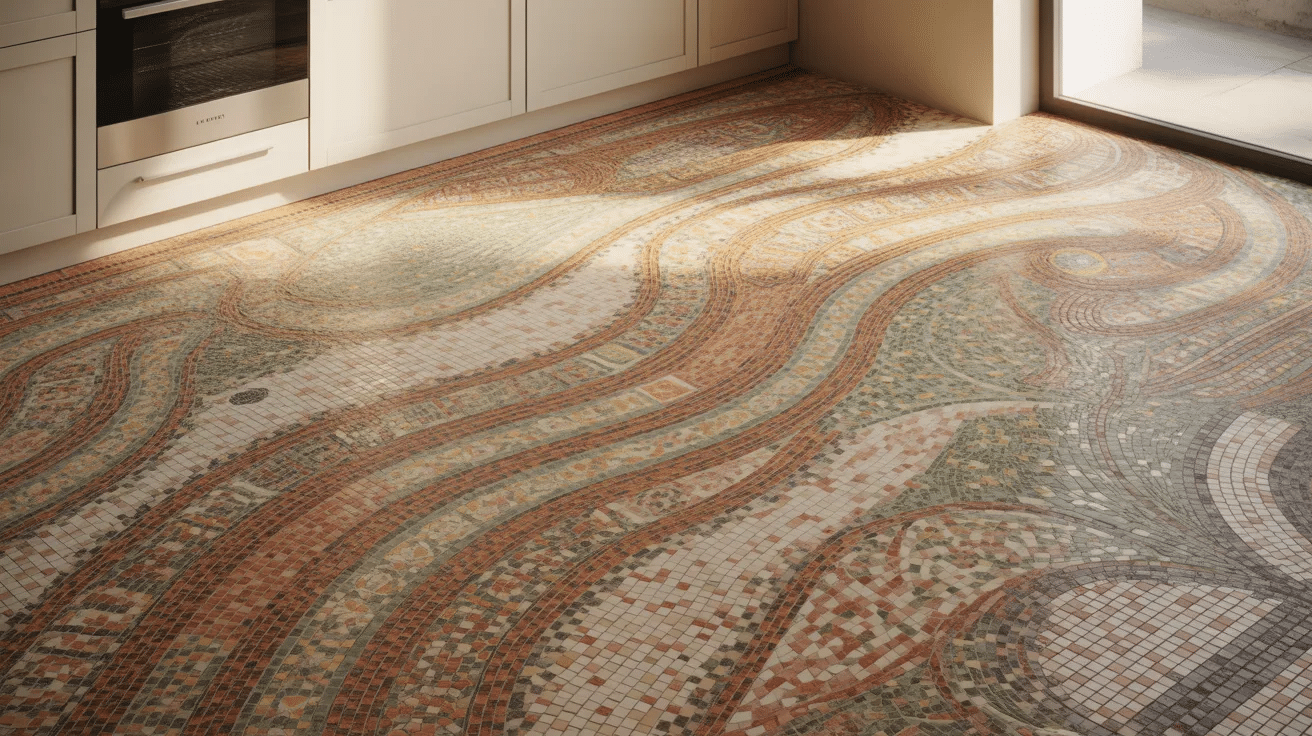 Kitchen floor with mosaic tiles, creating detailed patterns and a rich textured appearance
