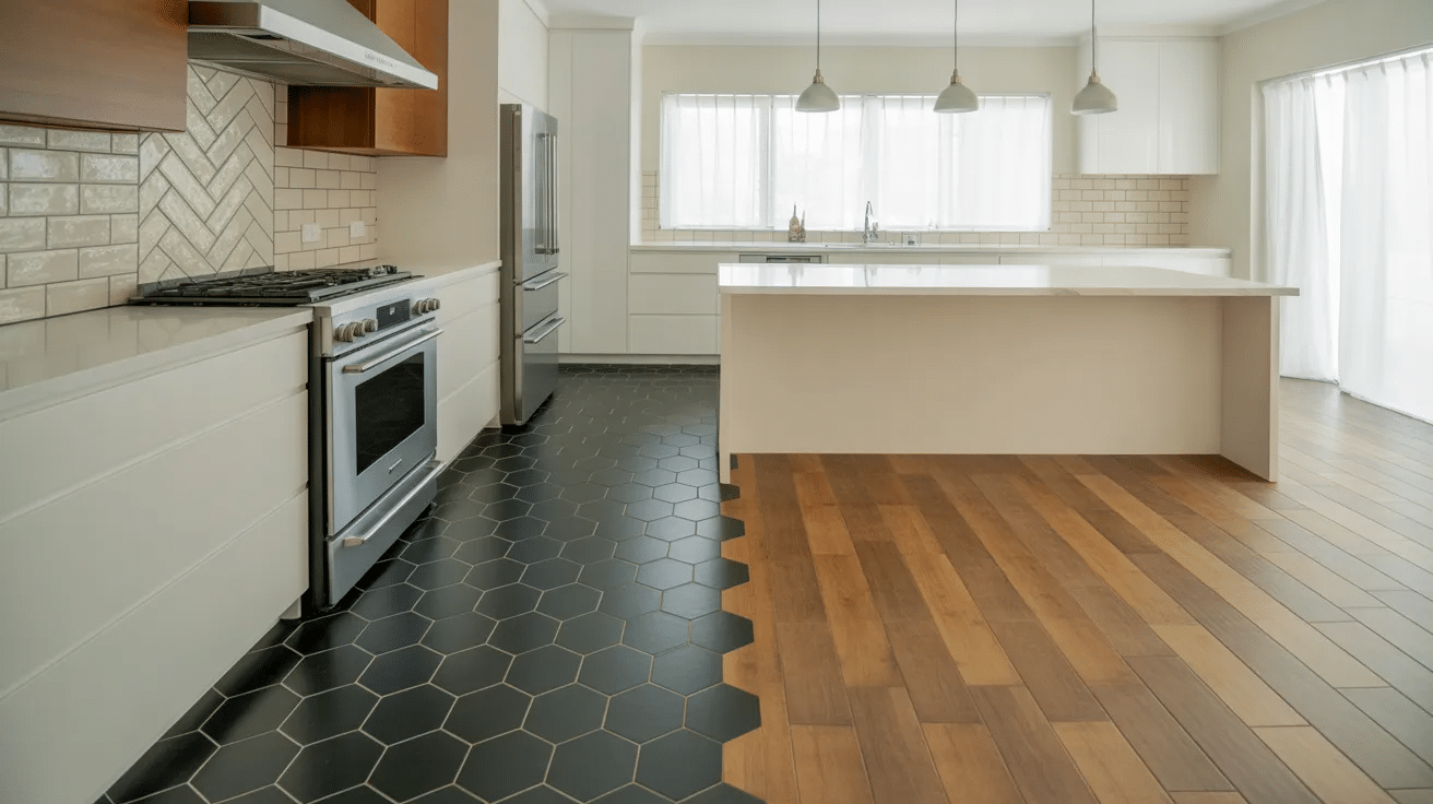 Kitchen using mixed tile patterns on the floor to define different functional areas clearly