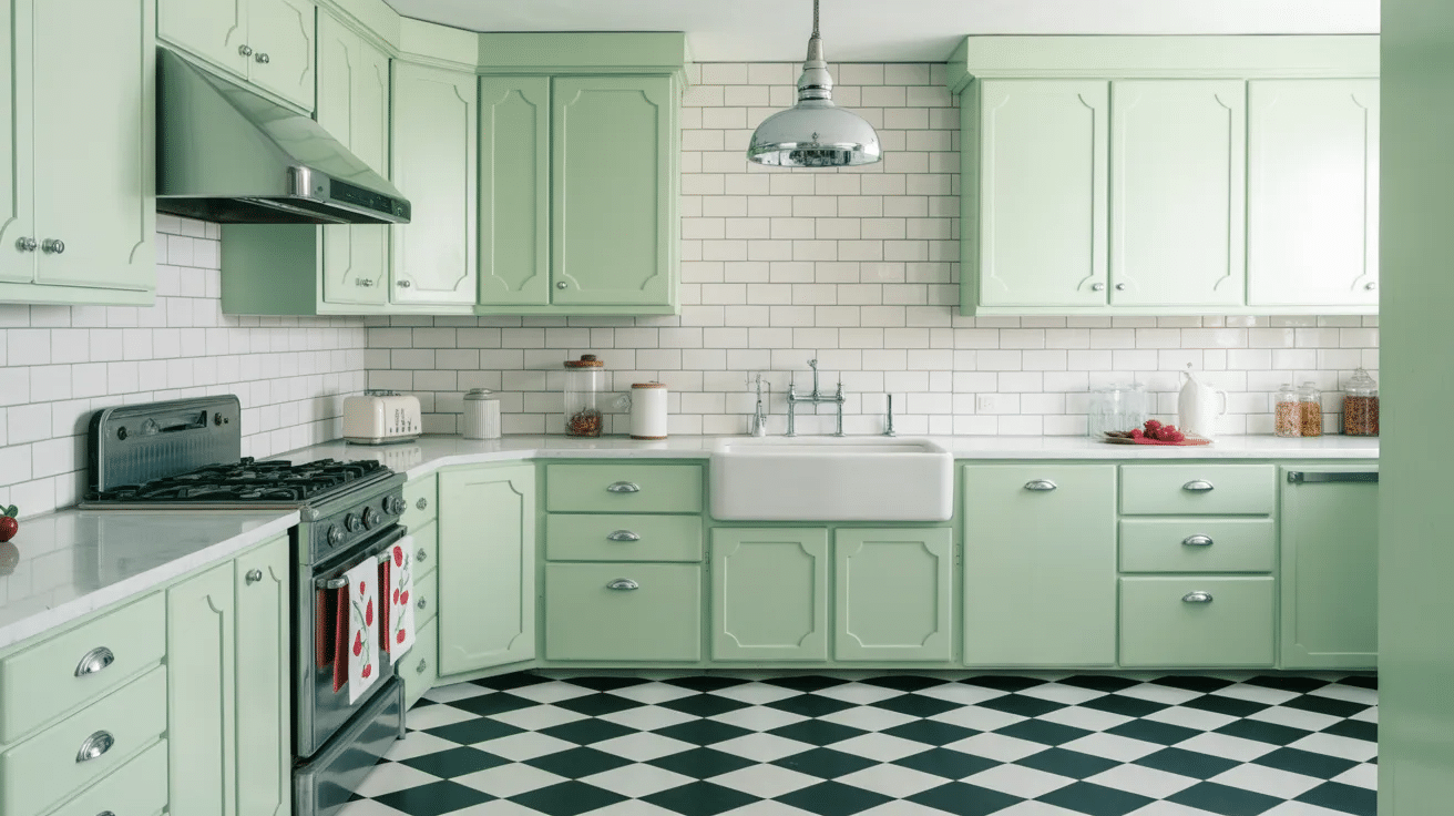 Kitchen with black and white checkerboard tile flooring, creating a bold and classic visual contrast