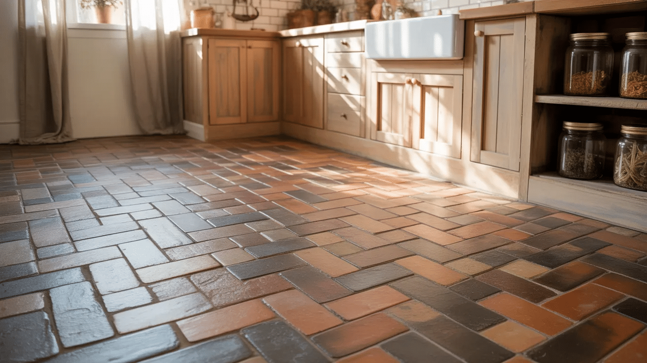 Kitchen with brick-style tile flooring in a staggered pattern, adding rustic character