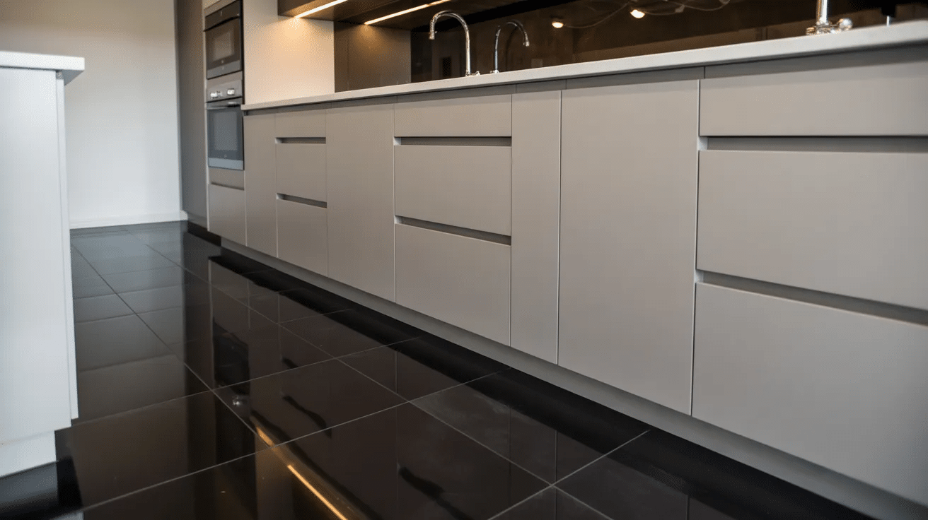 Kitchen with dark tile flooring paired with light cabinets, creating bold visual contrast