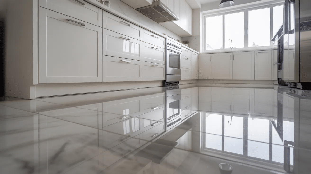 Kitchen with glossy tile flooring reflecting light, making the space feel brighter and open