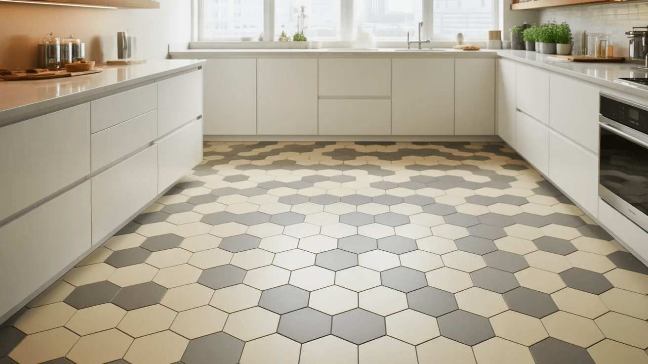 Kitchen with hexagon tile flooring, adding geometric style and visual interest to the space