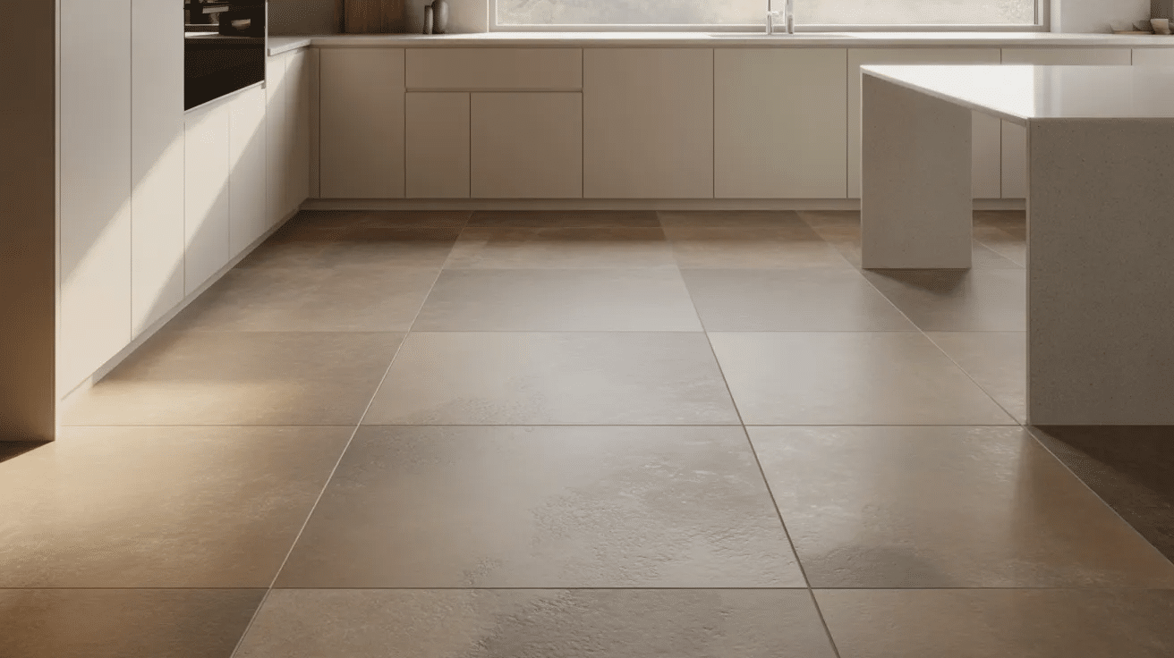 Kitchen with large format floor tiles, creating a clean look with fewer grout lines and open feel