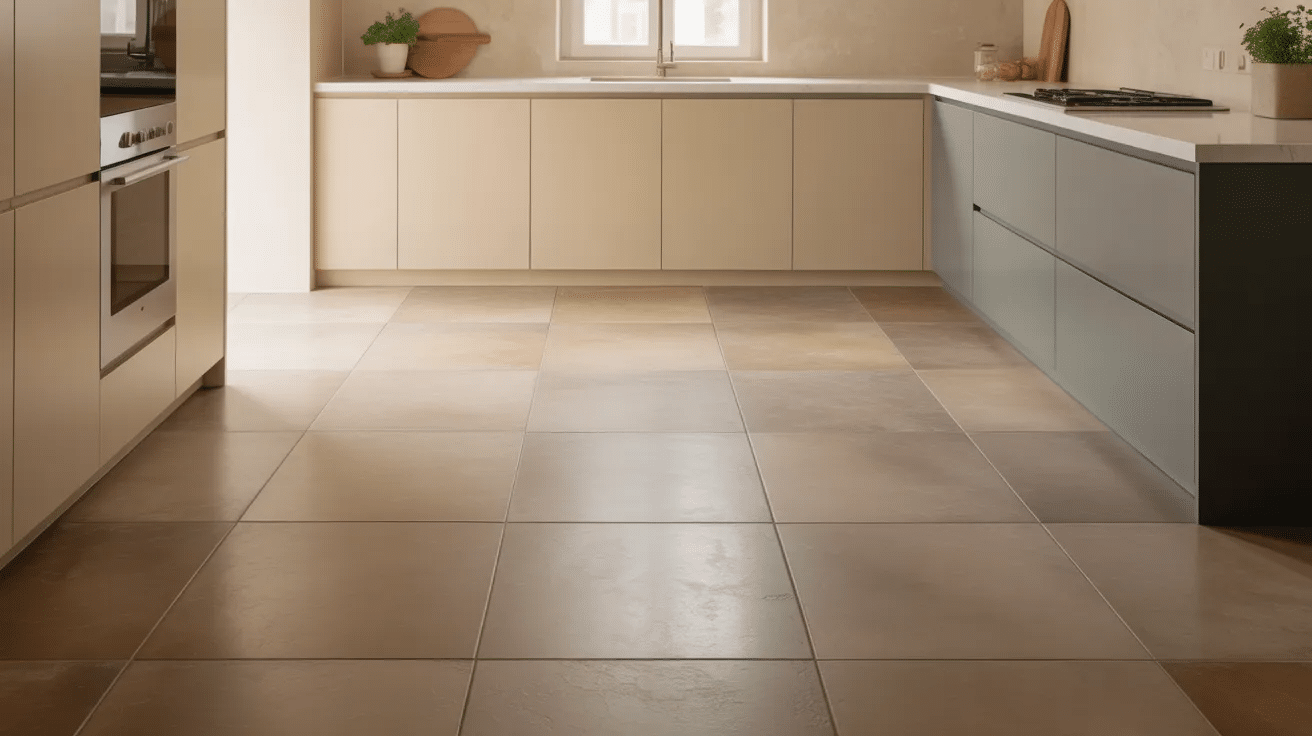 Kitchen with neutral matte finish floor tiles, offering a soft and clean modern look