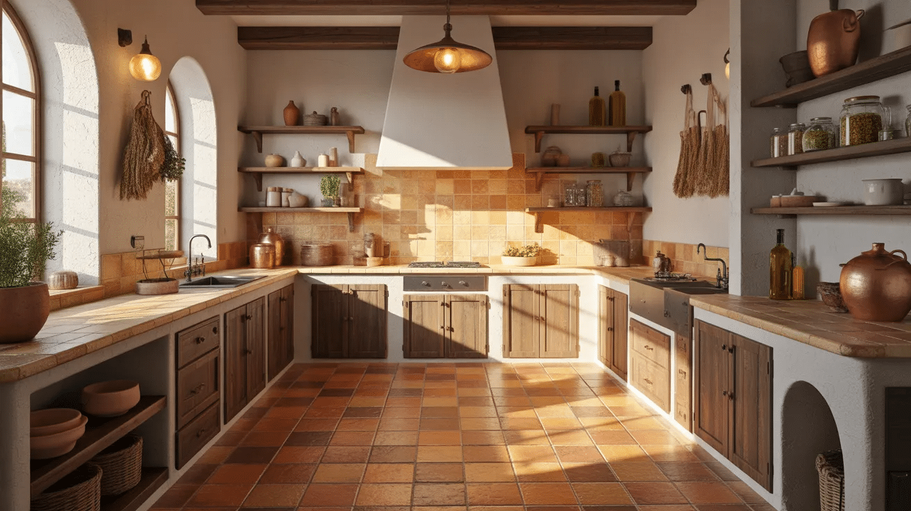 Kitchen with terracotta tile flooring in warm tones, creating a cozy and inviting atmosphere
