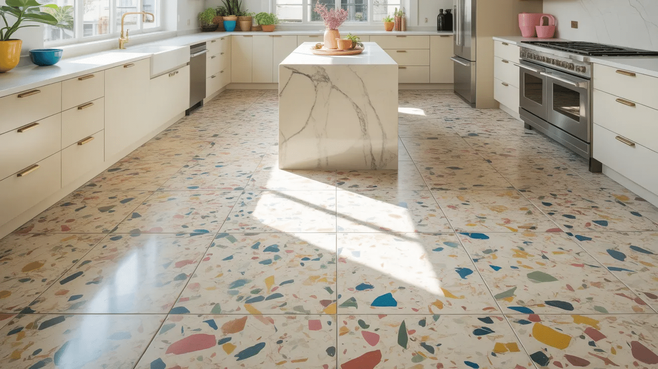 Kitchen with terrazzo style tile flooring, featuring mixed stone chips for a textured look