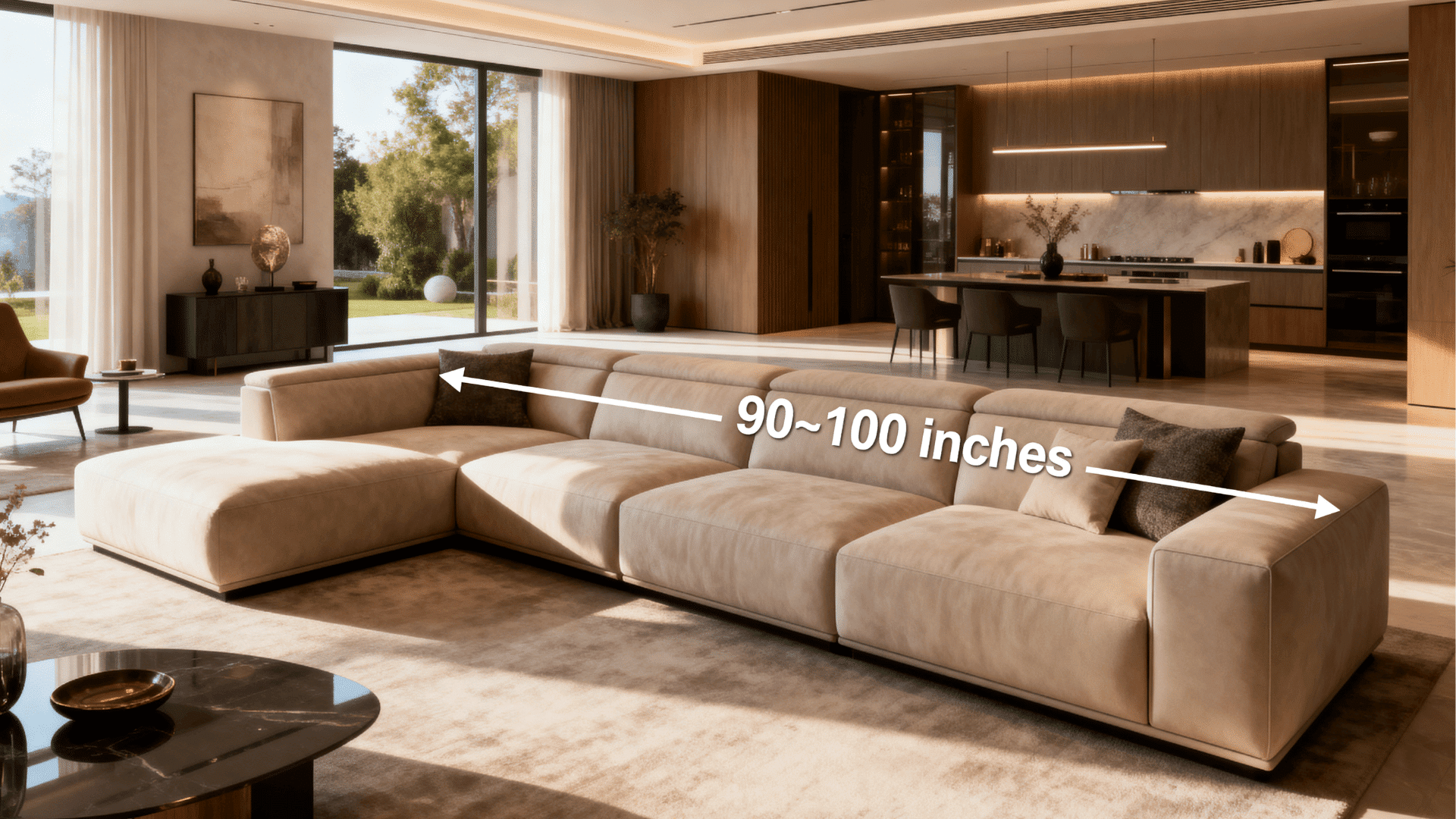 Large 4-seater sectional sofa in spacious modern living room, measuring 90–100 inches, open-plan layout with warm natural lighting