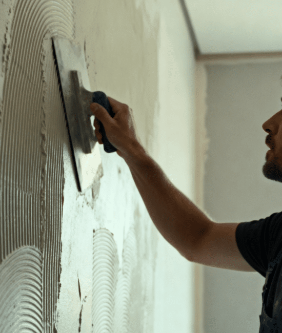 Man applying drywall texture with a trowel on an interior wall, creating patterned finish in a softly lit modern room under renovation