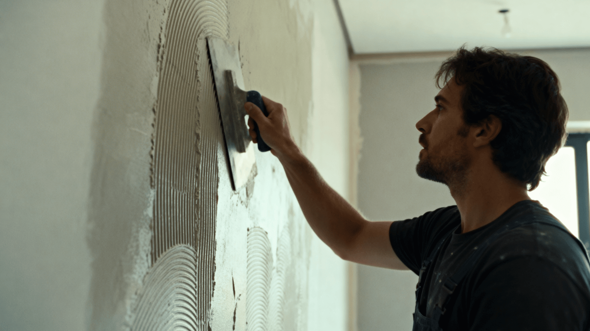 Man applying drywall texture with a trowel on an interior wall, creating patterned finish in a softly lit modern room under renovation