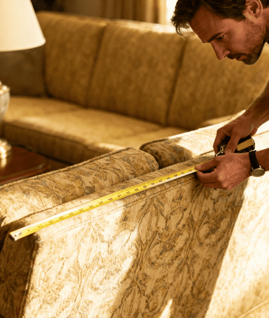 Man measuring sofa width with tape in warm living room, vintage couch, focused posture, soft lighting, home interior scene