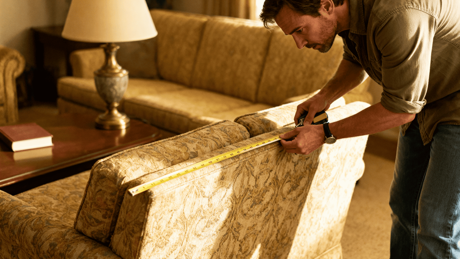 Man measuring sofa width with tape in warm living room, vintage couch, focused posture, soft lighting, home interior scene