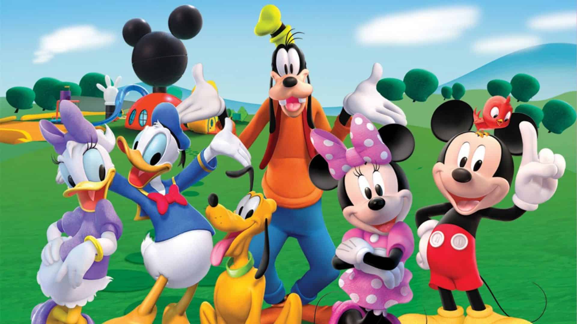 Mickey Mouse Clubhouse characters Mickey, Minnie, Goofy, Donald, Daisy, and Pluto together, one of the best educational shows for kids teaching shapes and numbers