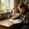 Middle school student writing in a journal at a desk with books and stationery in a calm study space