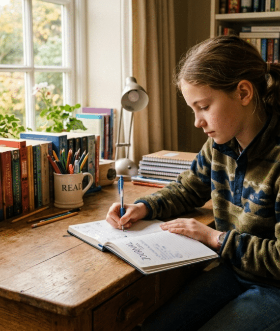 Middle school student writing in a journal at a desk with books and stationery in a calm study space